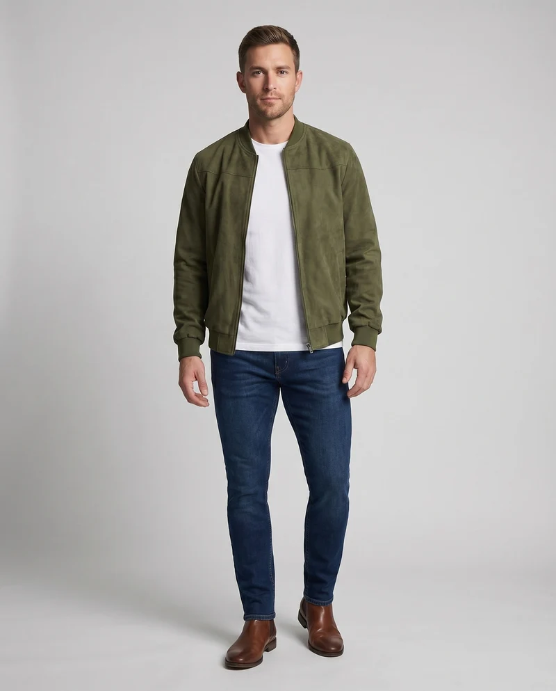 Herren Velours-Suede-Blouson Stehkragen Verdeckter Zipp