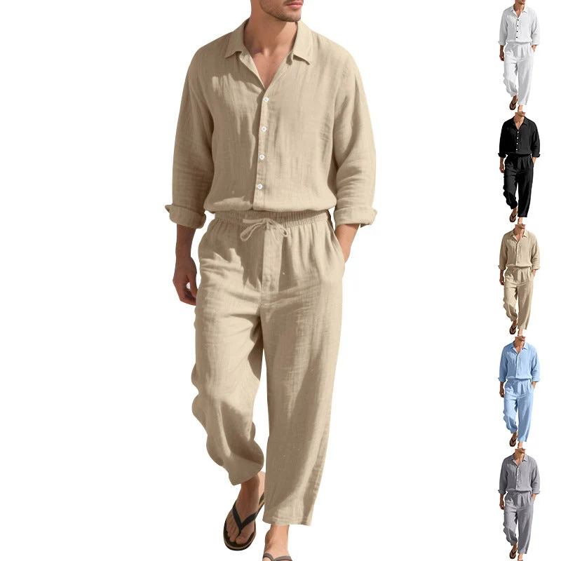 Herren leichtes Leinen-Freizeitset mit Hemd und weiten Hosen