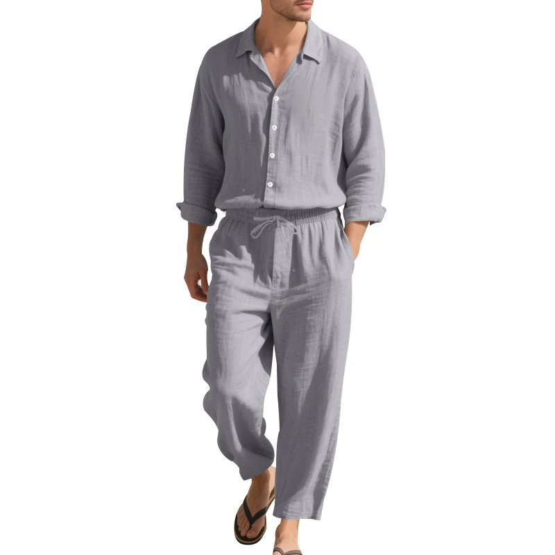 Herren leichtes Leinen-Freizeitset mit Hemd und weiten Hosen