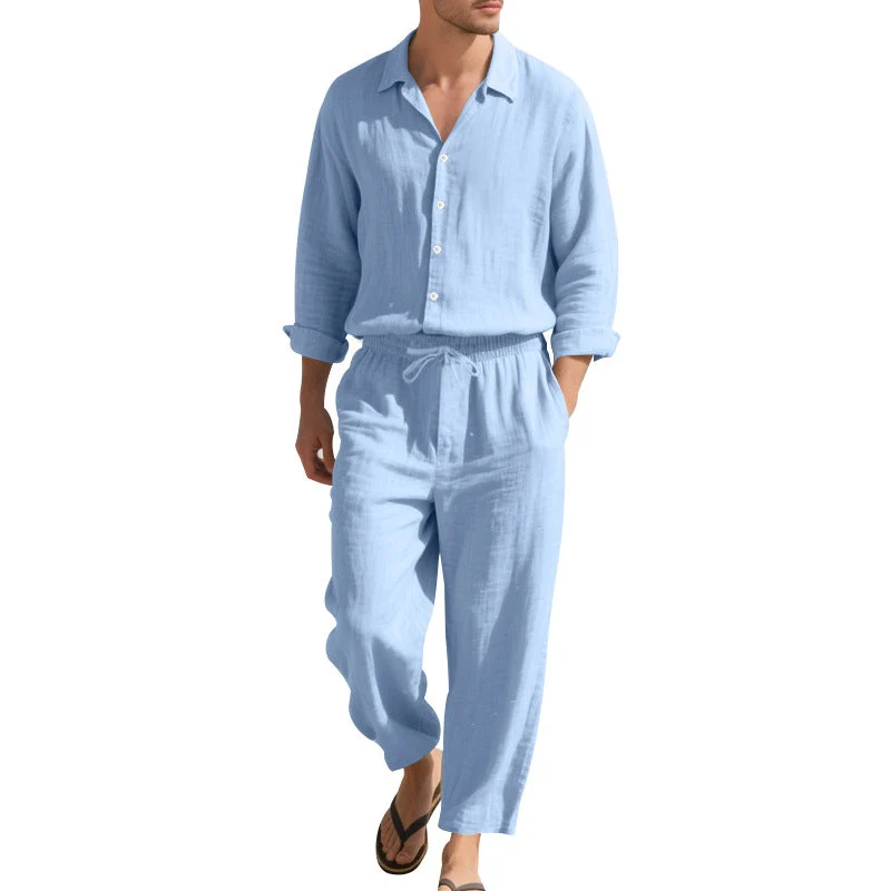 Herren leichtes Leinen-Freizeitset mit Hemd und weiten Hosen