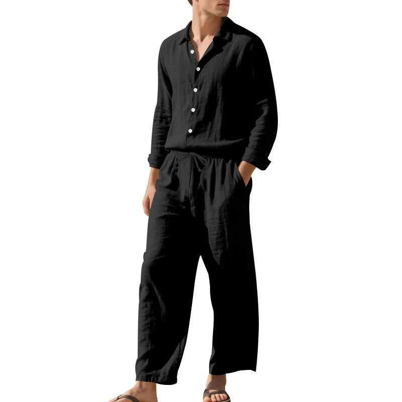 Herren leichtes Leinen-Freizeitset mit Hemd und weiten Hosen