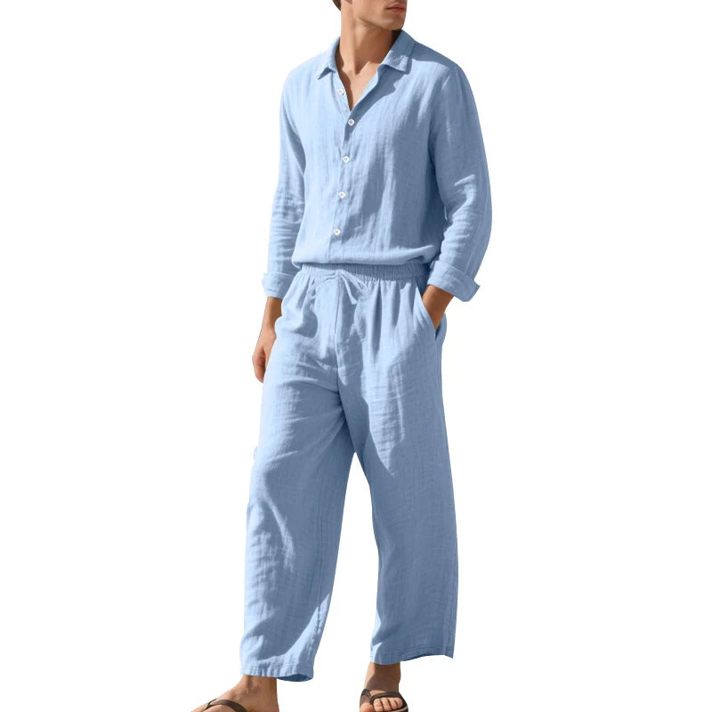 Herren leichtes Leinen-Freizeitset mit Hemd und weiten Hosen