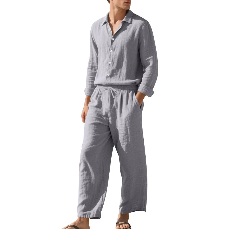 Herren leichtes Leinen-Freizeitset mit Hemd und weiten Hosen