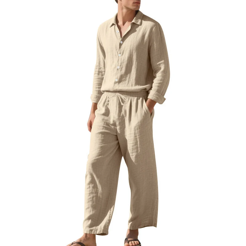 Herren leichtes Leinen-Freizeitset mit Hemd und weiten Hosen