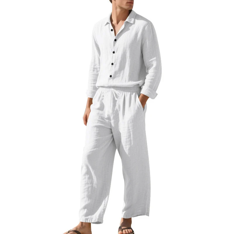 Herren leichtes Leinen-Freizeitset mit Hemd und weiten Hosen