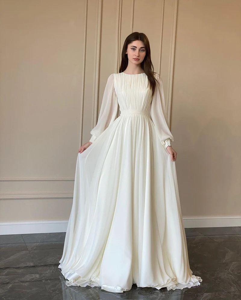 Durchsichtiges Weißes Hochzeitskleid Rundhalsausschnitt Lange Ärmel Kleid