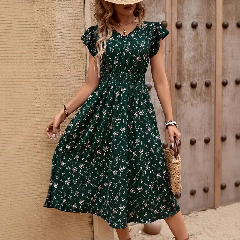 Damen Midikleid mit elastischem Tailleneinsatz und Rüschenärmeln
