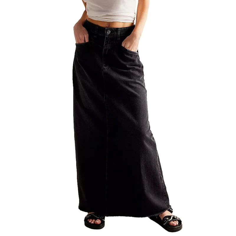 Damen Langer Denim-Rock mit hoher Taille und Taschen
