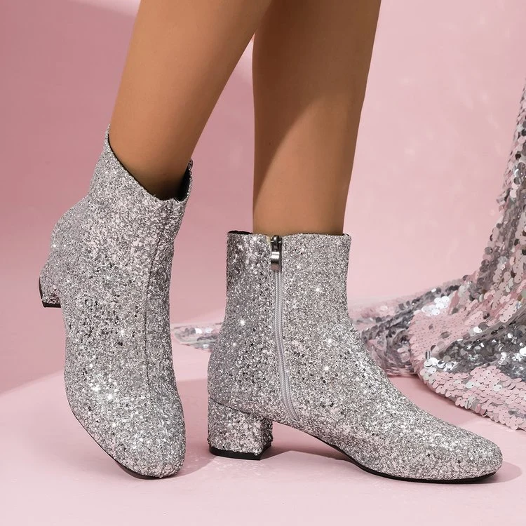 Damen glitzernde Stiefeletten mit kurzem Blockabsatz und seitlichem Reißverschluss Nord Taschen