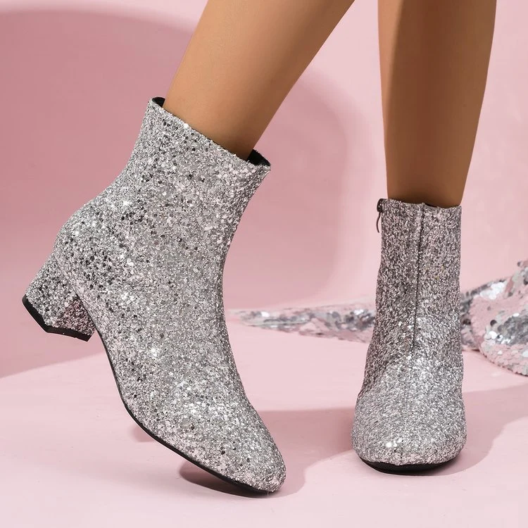 Damen glitzernde Stiefeletten mit kurzem Blockabsatz und seitlichem Reißverschluss Nord Taschen