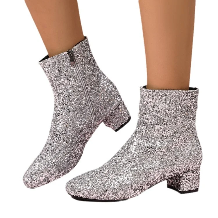 Damen glitzernde Stiefeletten mit kurzem Blockabsatz und seitlichem Reißverschluss Nord Taschen