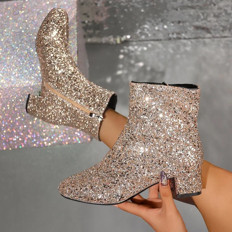 Damen glitzernde Stiefeletten mit kurzem Blockabsatz und seitlichem Reißverschluss Nord Taschen