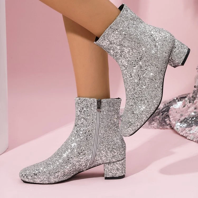 Damen glitzernde Stiefeletten mit kurzem Blockabsatz und seitlichem Reißverschluss Nord Taschen