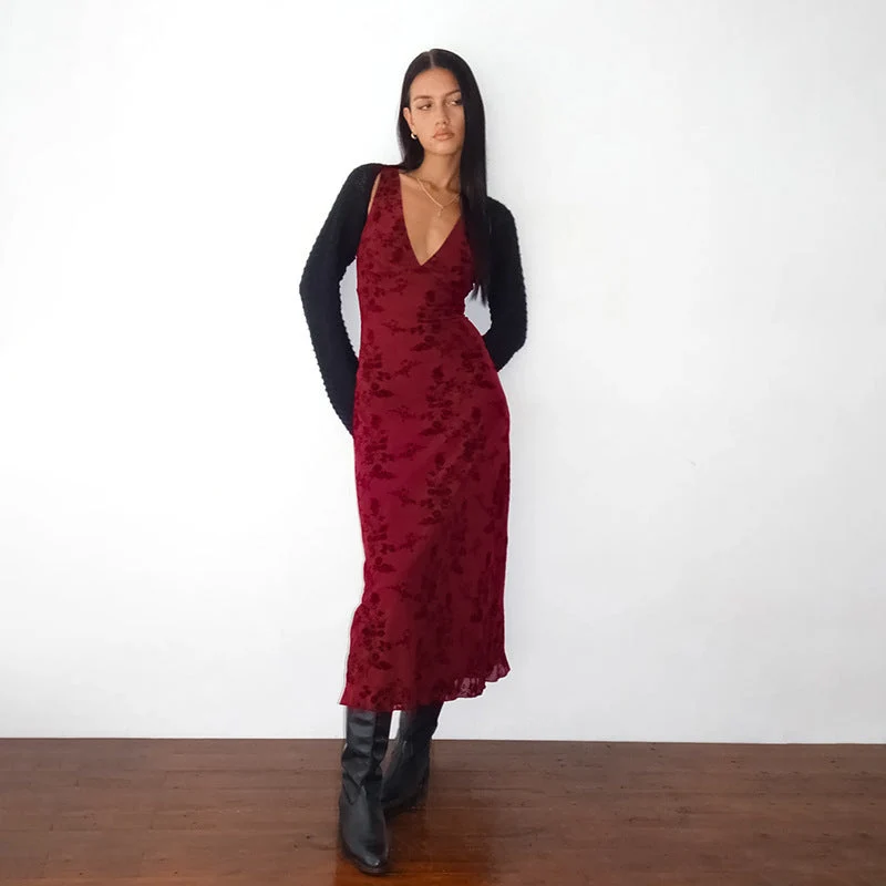 Damen Maxikleid mit floralem Spitzenmuster und tiefem V-Ausschnitt