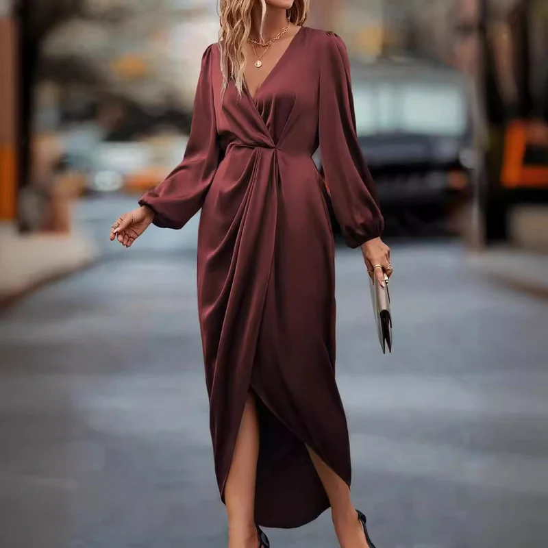 Damen tailliertes Drapé-Midikleid mit V-Ausschnitt Raffung Ballonärmeln und seitlichem Wickelschlitz