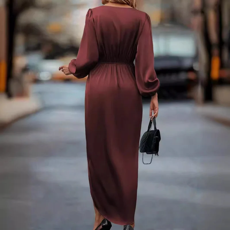 Damen tailliertes Drapé-Midikleid mit V-Ausschnitt Raffung Ballonärmeln und seitlichem Wickelschlitz