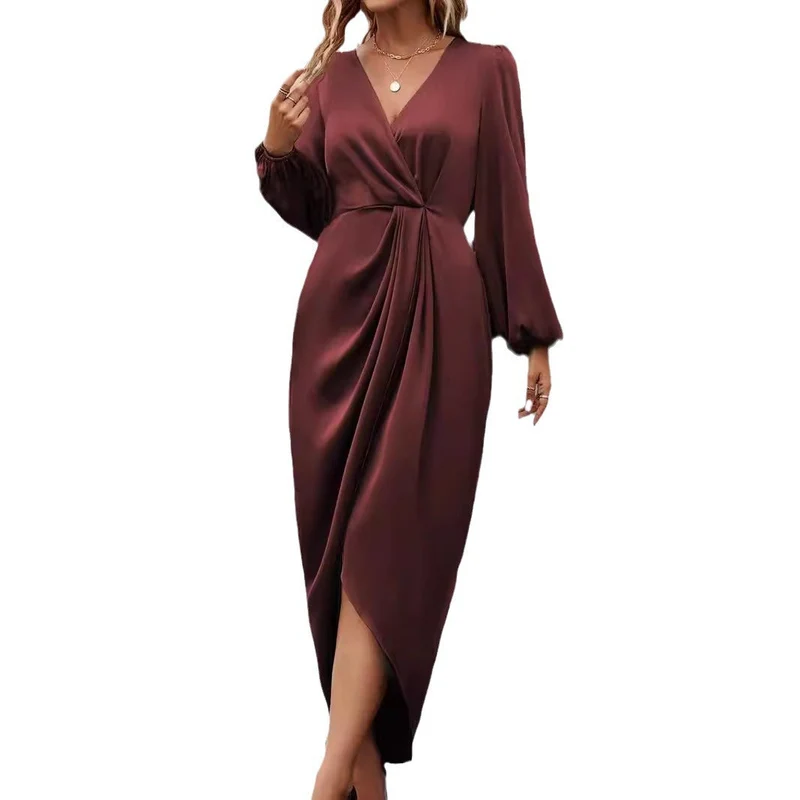 Damen tailliertes Drapé-Midikleid mit V-Ausschnitt Raffung Ballonärmeln und seitlichem Wickelschlitz