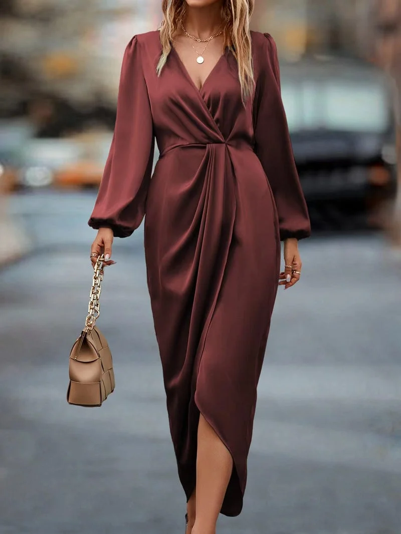 Damen tailliertes Drapé-Midikleid mit V-Ausschnitt Raffung Ballonärmeln und seitlichem Wickelschlitz