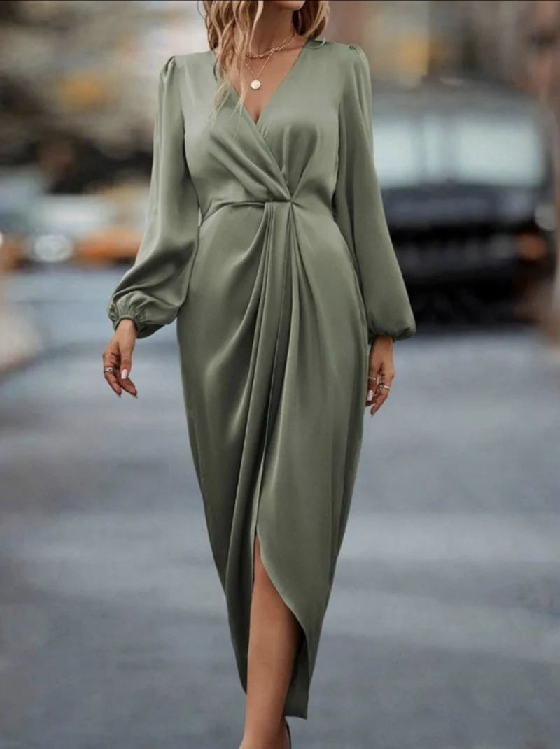 Damen tailliertes Drapé-Midikleid mit V-Ausschnitt Raffung Ballonärmeln und seitlichem Wickelschlitz