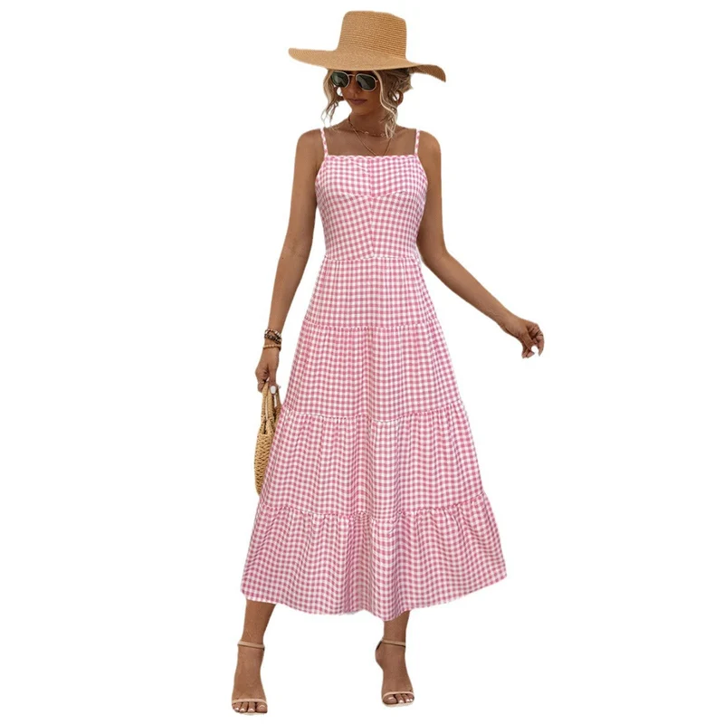 Damen Maxikleid im karierten Design mit Taillenakzent und Rüschensaum