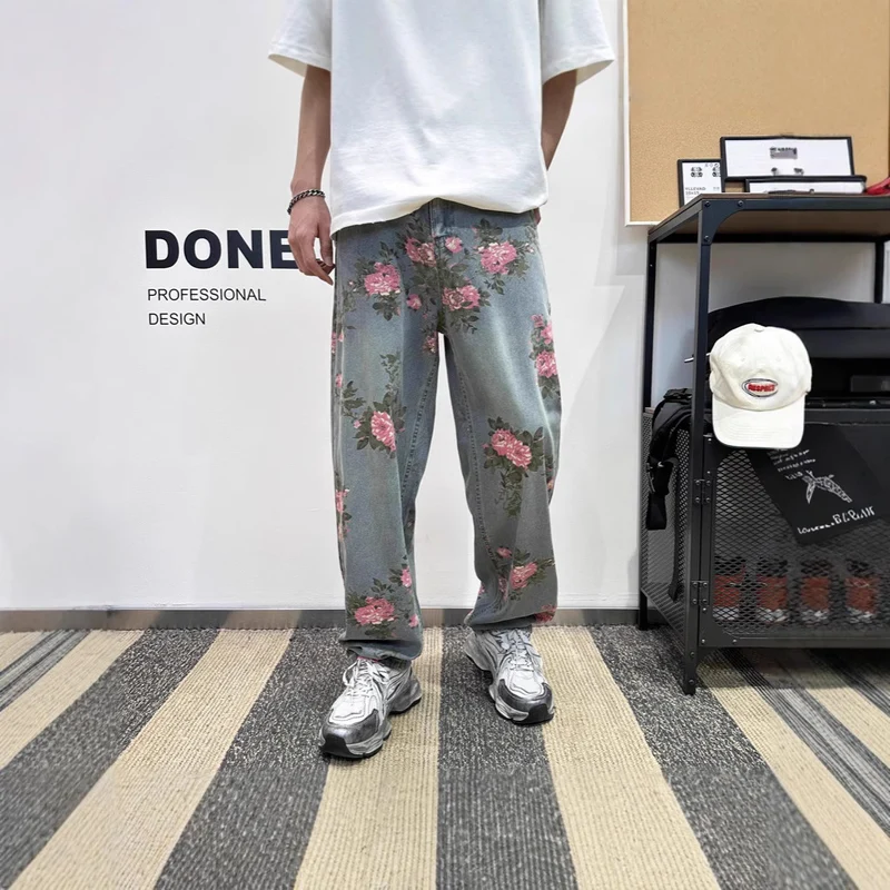 Damen Weitgeschnittene Blumen-Cargo-Jeans Nord Taschen