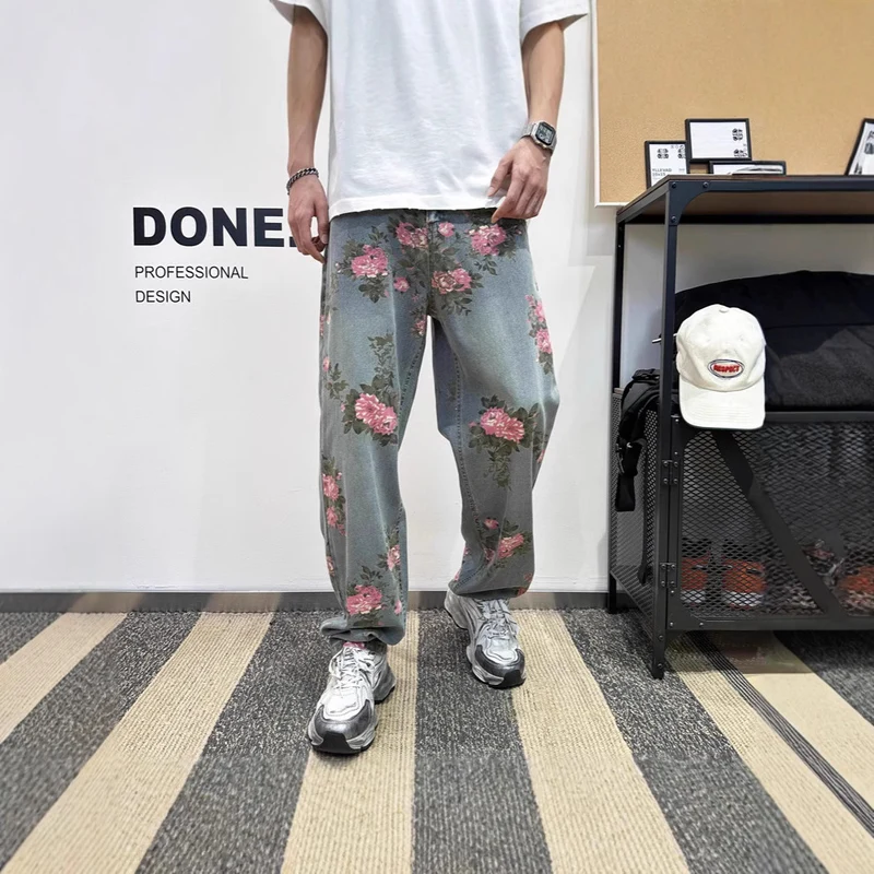 Damen Weitgeschnittene Blumen-Cargo-Jeans Nord Taschen