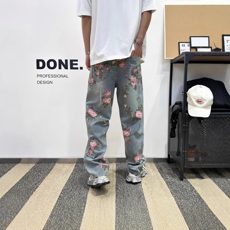 Damen Weitgeschnittene Blumen-Cargo-Jeans Nord Taschen