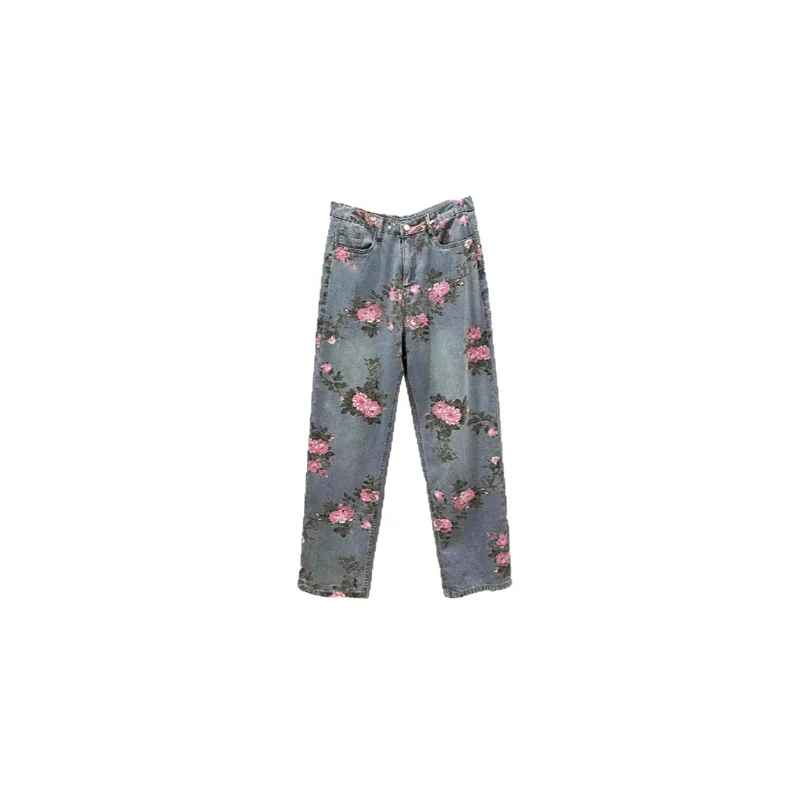 Damen Weitgeschnittene Blumen-Cargo-Jeans Nord Taschen