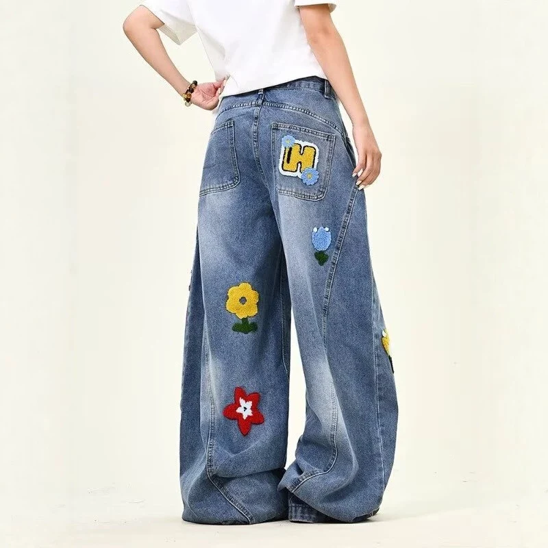 Damen Weitgeschnittene Blumen-Applikationen Jeans Nord Taschen
