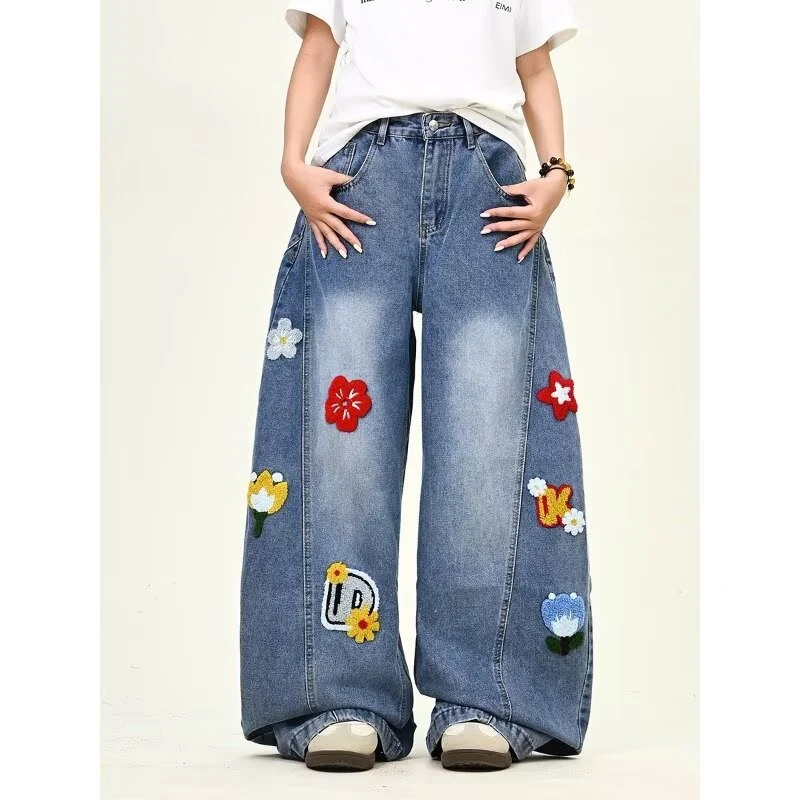 Damen Weitgeschnittene Blumen-Applikationen Jeans Nord Taschen