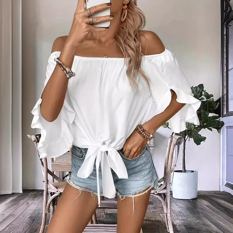 Damen Off-Shoulder-Bluse mit Rüschendetails und Taillenbindung