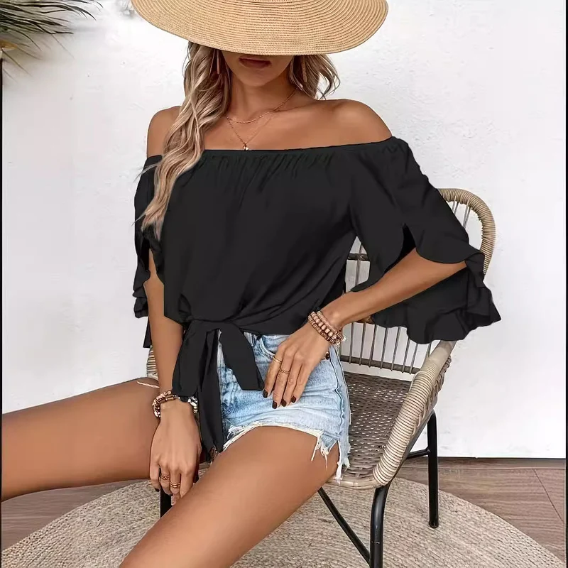 Damen Off-Shoulder-Bluse mit Rüschendetails und Taillenbindung