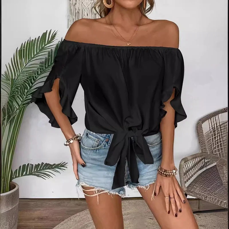 Damen Off-Shoulder-Bluse mit Rüschendetails und Taillenbindung