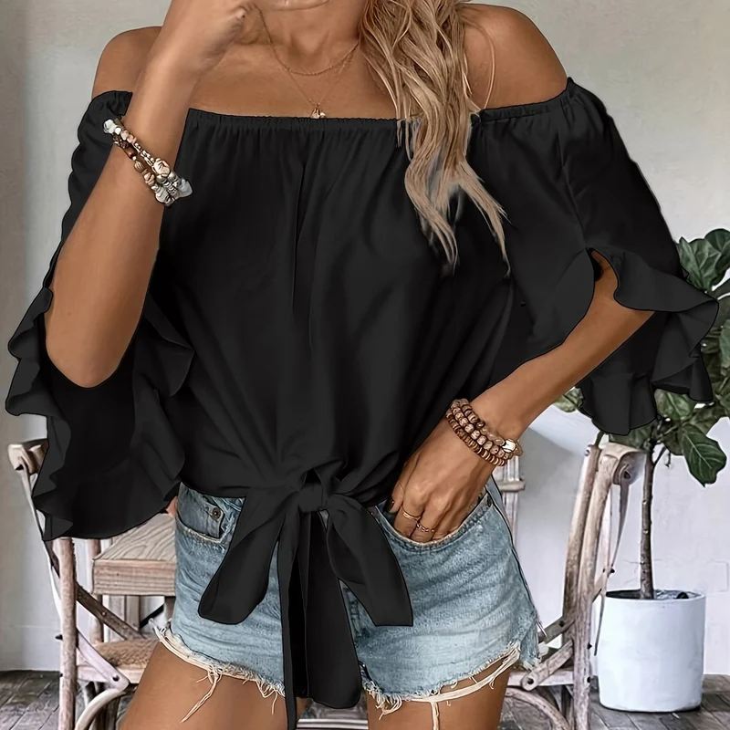 Damen Off-Shoulder-Bluse mit Rüschendetails und Taillenbindung