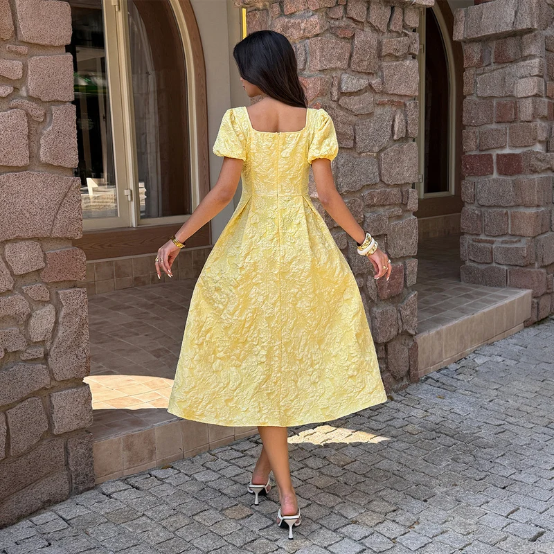 Damen Midi-Kleid mit Puffärmeln und detailliertem Strukturdesign