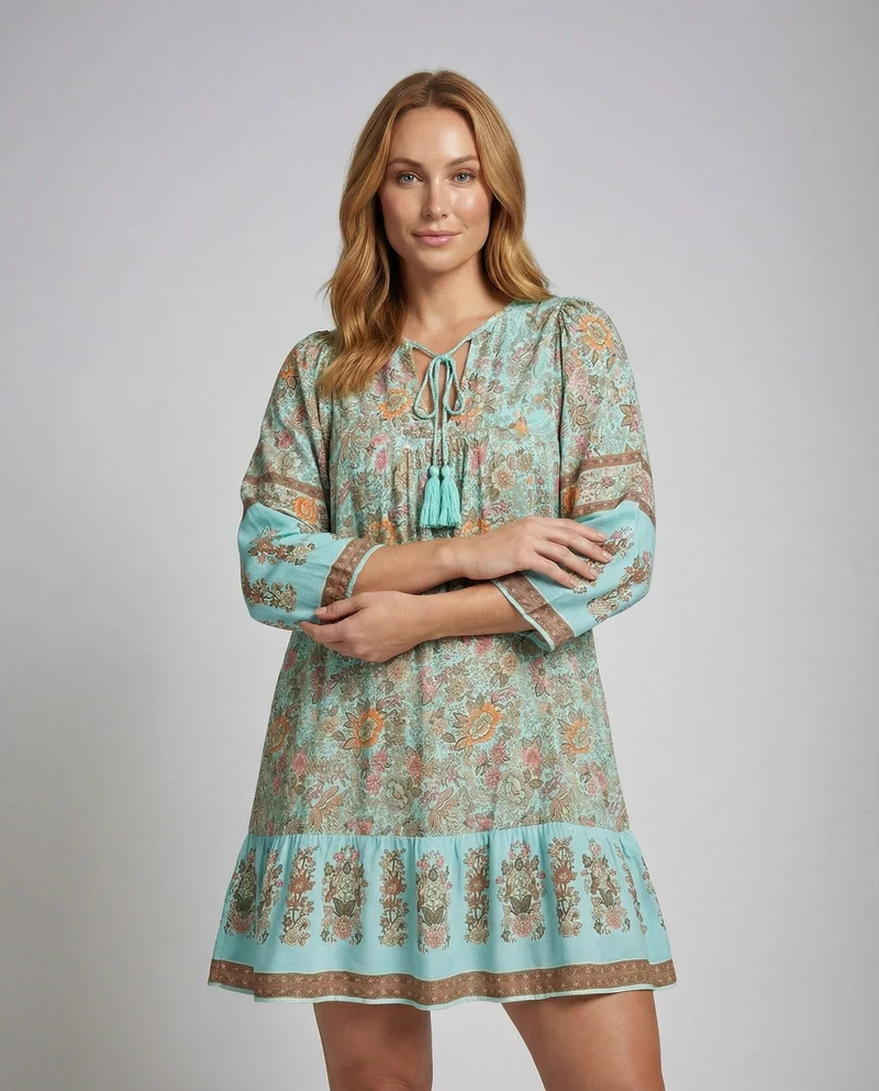 Damen Luftige Volant-Saum Mischgewebe Boho-Minikleid