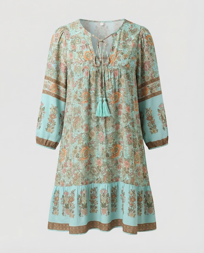 Damen Luftige Volant-Saum Mischgewebe Boho-Minikleid