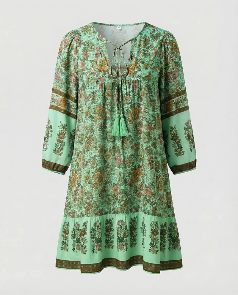 Damen Luftige Volant-Saum Mischgewebe Boho-Minikleid