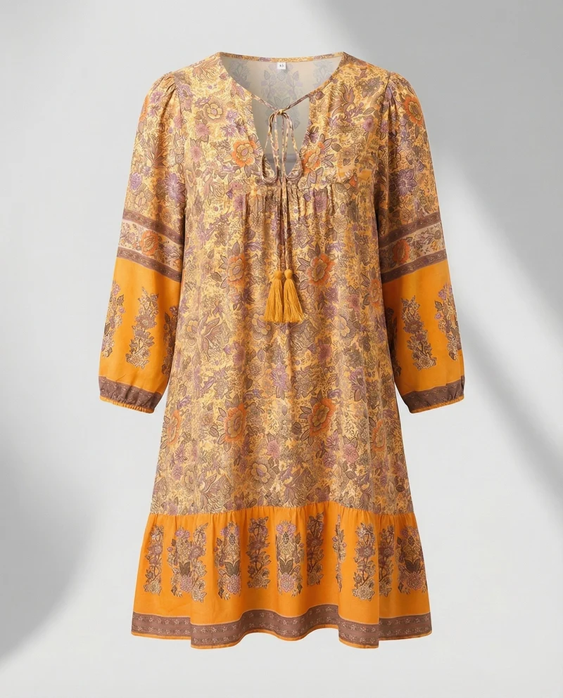 Damen Luftige Volant-Saum Mischgewebe Boho-Minikleid