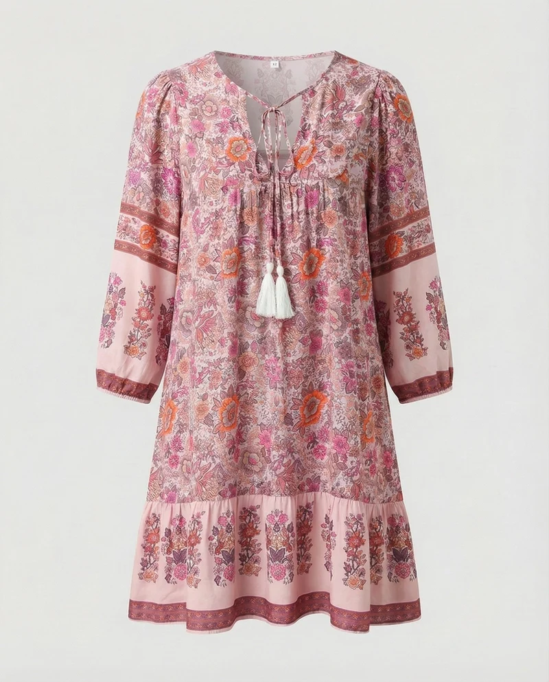 Damen Luftige Volant-Saum Mischgewebe Boho-Minikleid