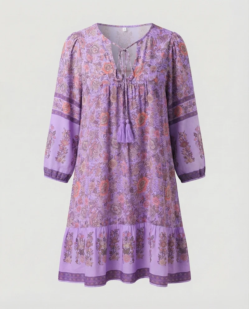 Damen Luftige Volant-Saum Mischgewebe Boho-Minikleid