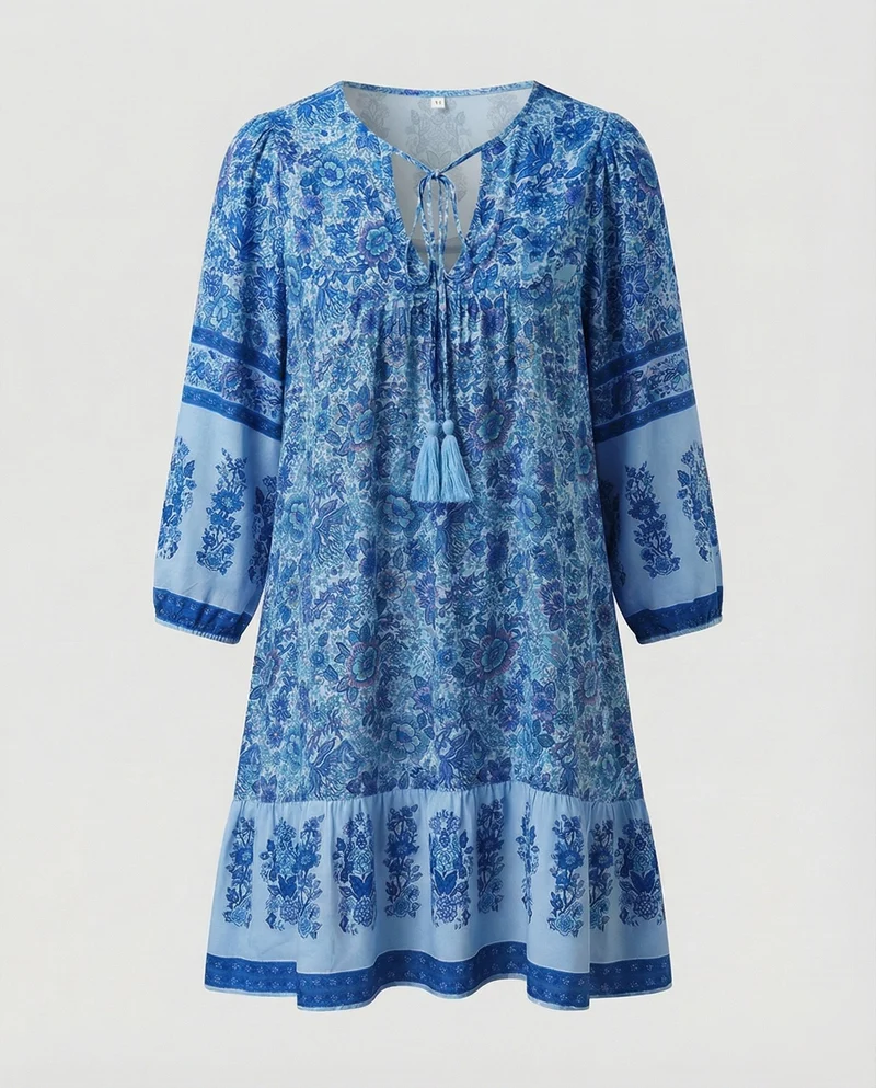 Damen Luftige Volant-Saum Mischgewebe Boho-Minikleid