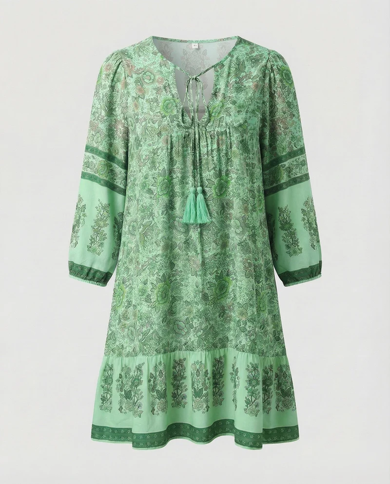 Damen Luftige Volant-Saum Mischgewebe Boho-Minikleid