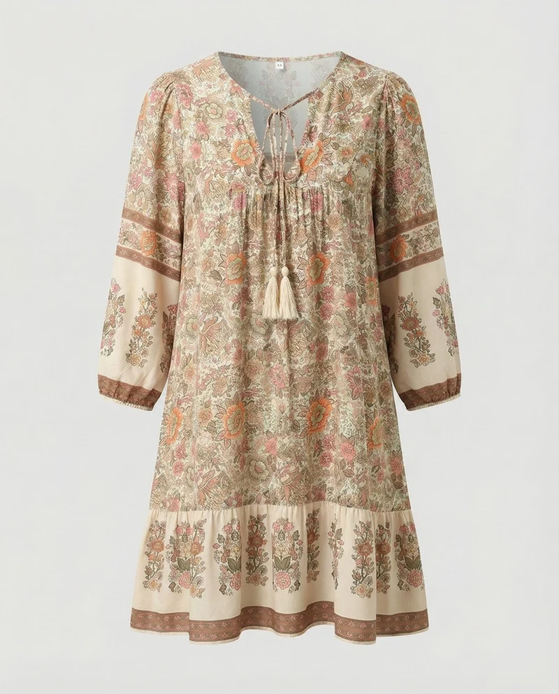 Damen Luftige Volant-Saum Mischgewebe Boho-Minikleid