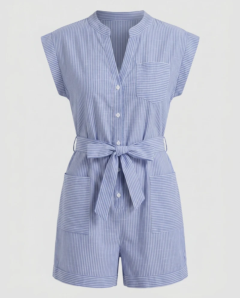 Damen Kurzarm Jumpsuit mit Gürtel und Taschen