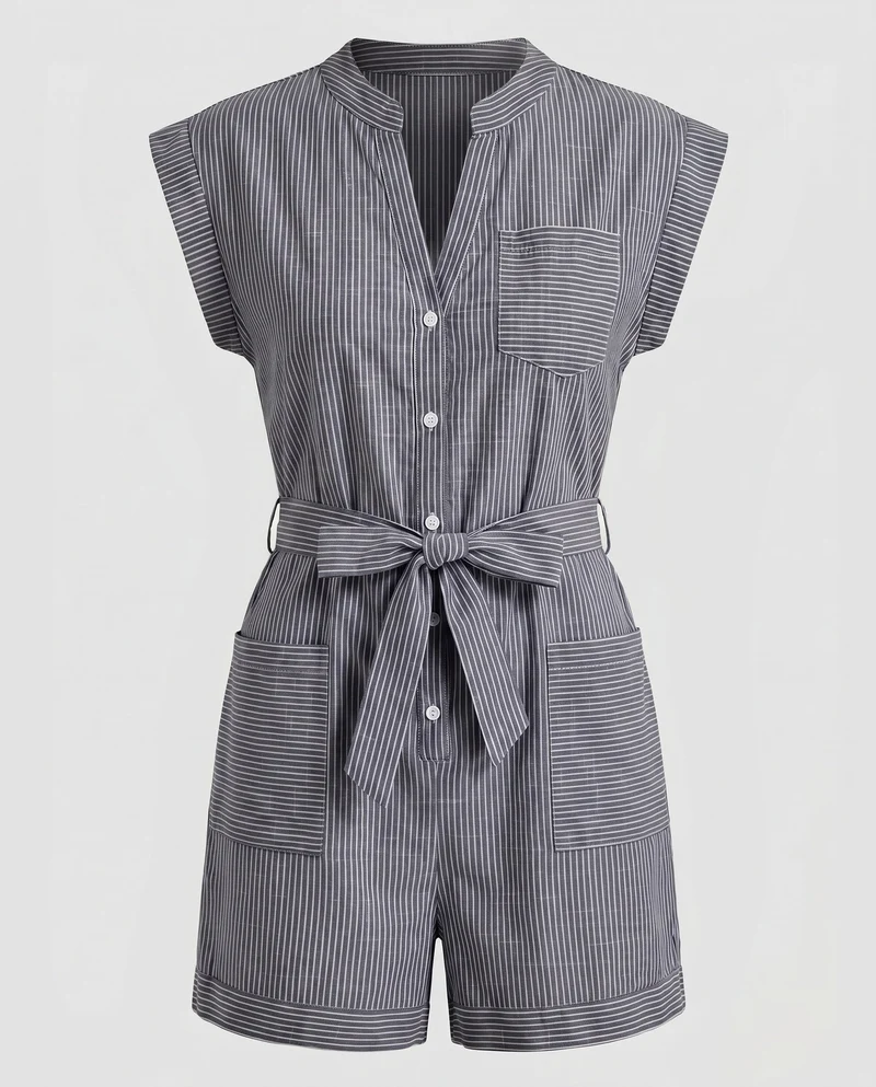 Damen Kurzarm Jumpsuit mit Gürtel und Taschen