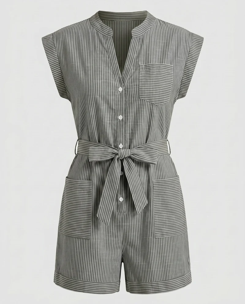 Damen Kurzarm Jumpsuit mit Gürtel und Taschen