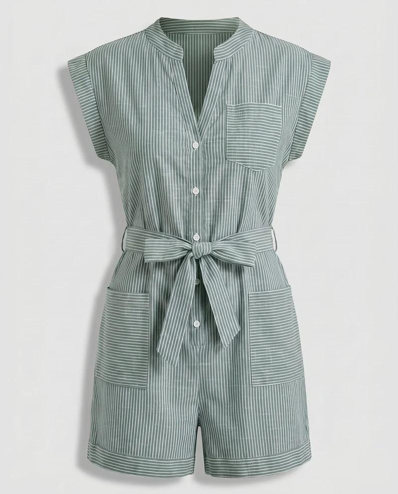 Damen Kurzarm Jumpsuit mit Gürtel und Taschen