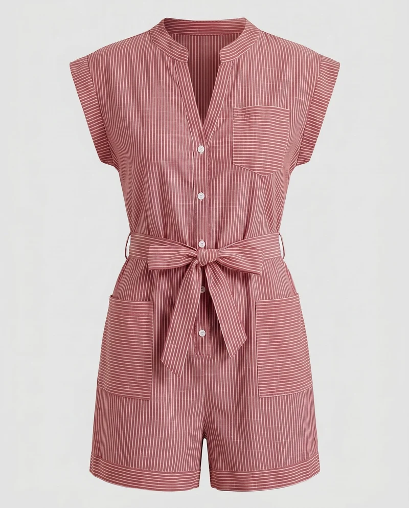Damen Kurzarm Jumpsuit mit Gürtel und Taschen
