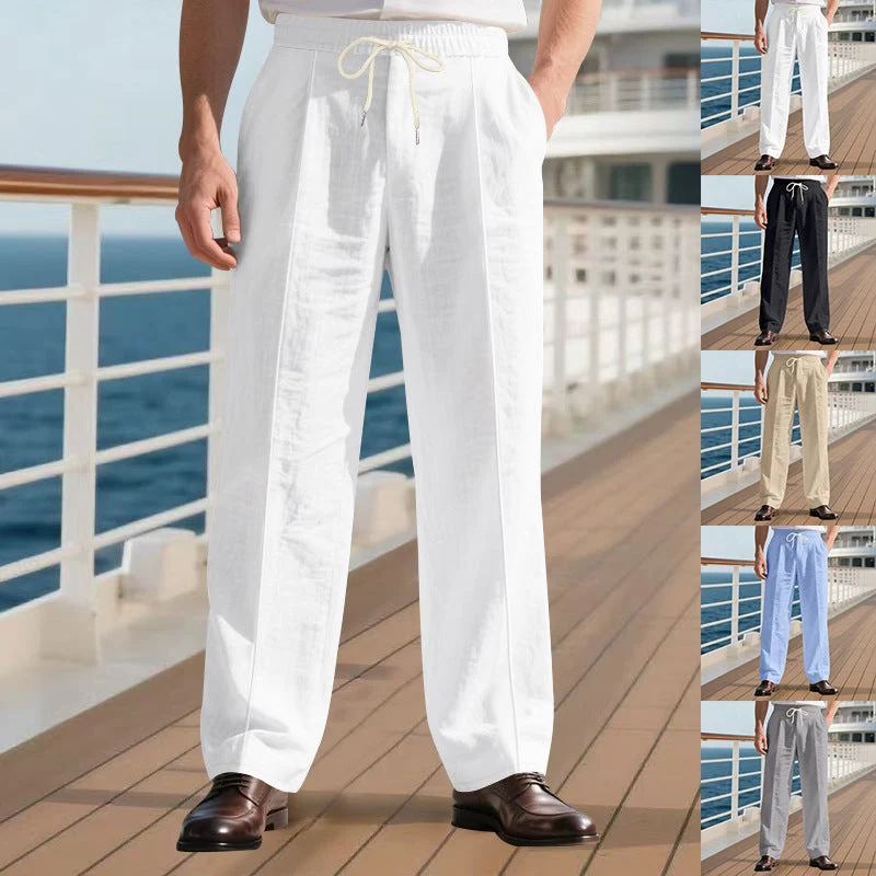 Herren legere Leinen-Bundfaltenhose mit elastischem Bund und Kordelzug